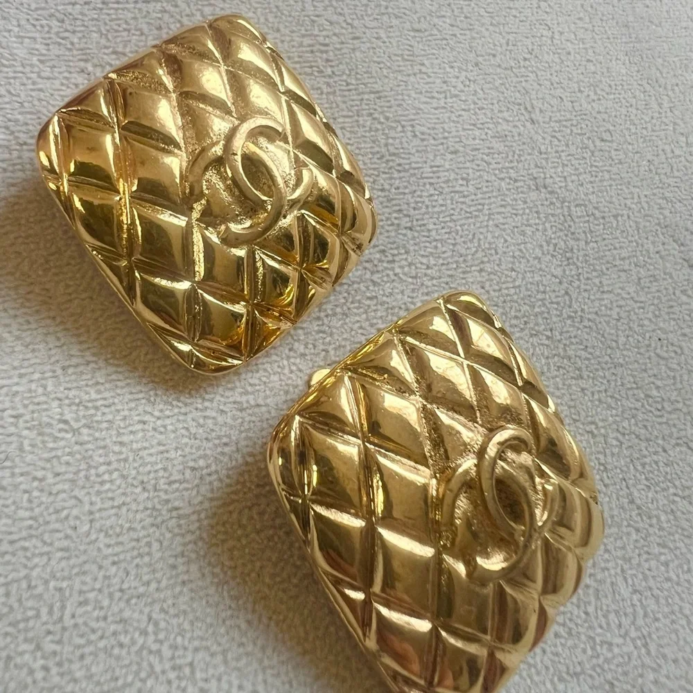 Chane Square Quilted 24k Gold Plated Earrings